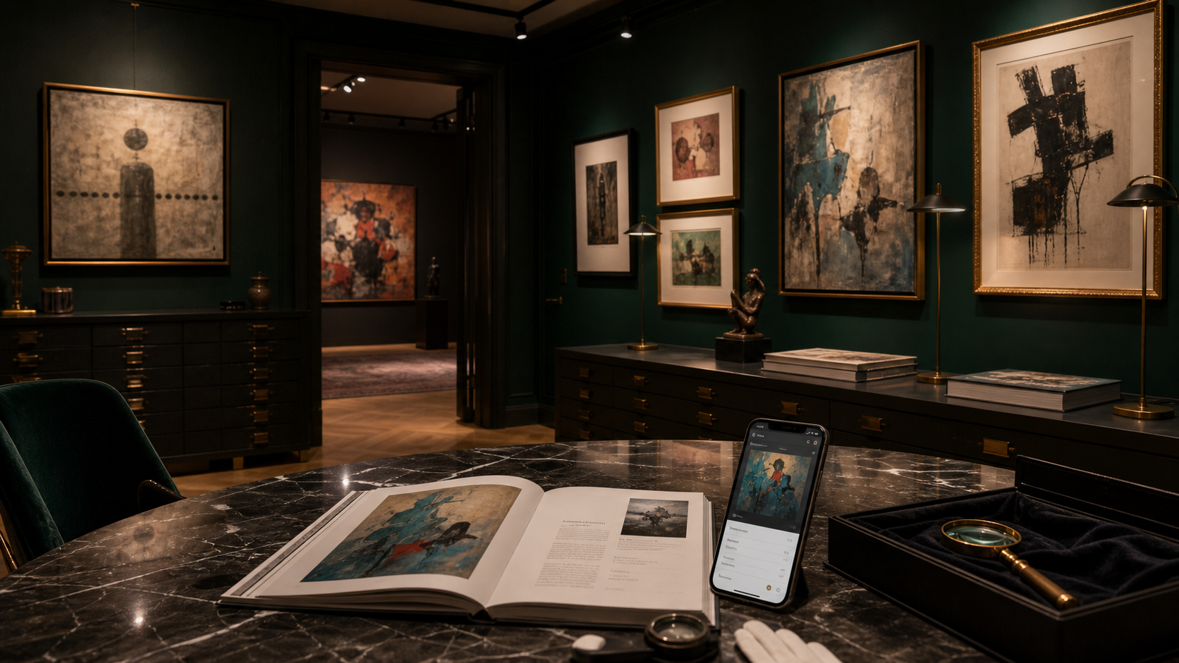 A sophisticated private art collection room with framed artworks and an open collection catalog.